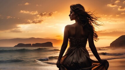 Silhouette of a young woman in a backless dress on the beach at sunset. Back view.