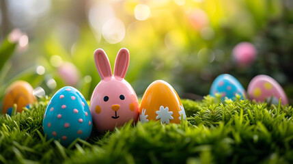 Fototapeta na wymiar Easter Bunny and Decorated Eggs on Spring Meadow