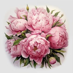 Bouquet of pink peonies on a light background, illustration