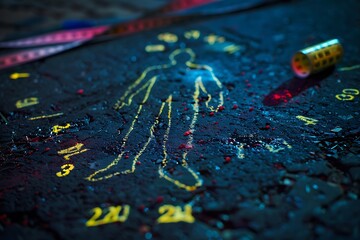Forensic Investigation: Murder Crime Scene with Chalk Outline and Evidence Markers - 3D Illustration - obrazy, fototapety, plakaty