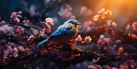 sparrow on a branch, Enchanting Nightingale Singing Set the mood with the enchanting melody of a nightingale as it sings its sweet, melodious song amidst the moonlit branches of a flowering tree  - obrazy, fototapety, plakaty