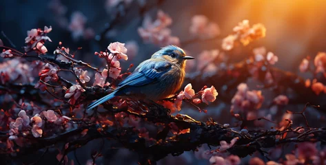 Türaufkleber sparrow on a branch, Enchanting Nightingale Singing Set the mood with the enchanting melody of a nightingale as it sings its sweet, melodious song amidst the moonlit branches of a flowering tree  © Yasir