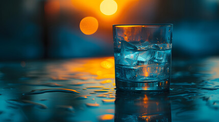 Chilled Glass with Ice Cubes on Wet Surface Against Warm Bokeh Lights