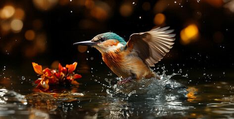 Energetic Kingfisher Diving for Fish Freeze a moment in time as a kingfisher plunges into the water with lightning speed, its beak aimed at an unsuspecting fish below, capturing the thrill of the hunt - obrazy, fototapety, plakaty