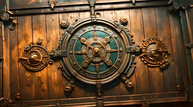 Wooden steampunk rounded and carved wall decoration in a ship interior design animation