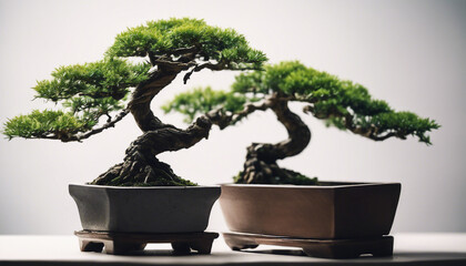 bonsai tree in pot, isolated white background, copy space for text

