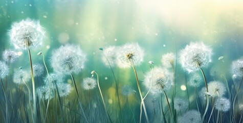  dandelions in a grass with green bokeh