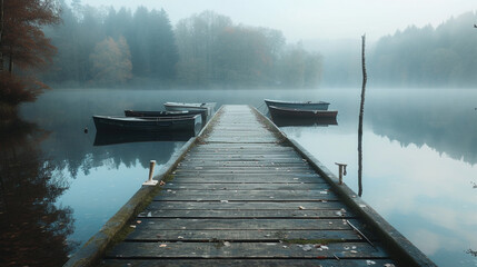 A weathered wooden dock stretching out into a tranquil lake - obrazy, fototapety, plakaty