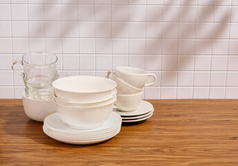 Clean empty elegant dinnerware on the table. Copy space for text.