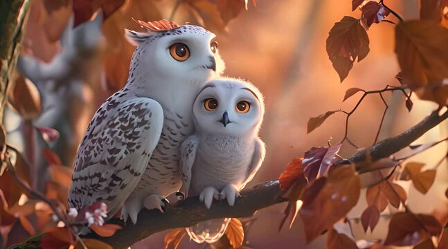 Cute owl baby and mama owl sitting on a branch in an autumn forest animation