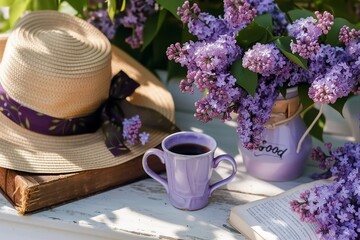 Obraz na płótnie Canvas The postcard is beautiful. A fancy purple coffee mug, an old book, a straw hat and a bouquet of purple lilac. Beautiful still life. Spring time. generative ai.