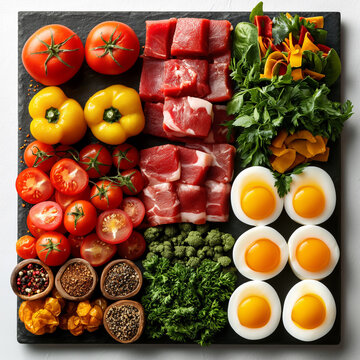 A variety of meats, fresh fruits and vegetables. Useful food