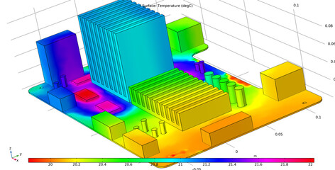 Computer 3d modeling of the temperature distribution  on the surface of the printed circuit board of an electronic device and its components.  Thermal analysis. © TKalinovskaya