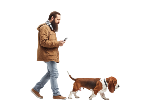 Full length profile shot of a bearded guy using a mobile phone and walking a basset hound dog - Powered by Adobe