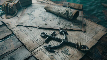 An evocative composition featuring ancient nautical documents and a rustic anchor arranged on a weathered wooden table