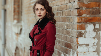 A burgundy trench coat with black velvet trim and br buttons creating a regal militaryinspired look. Ideal for a day of shopping in a historical town. - obrazy, fototapety, plakaty