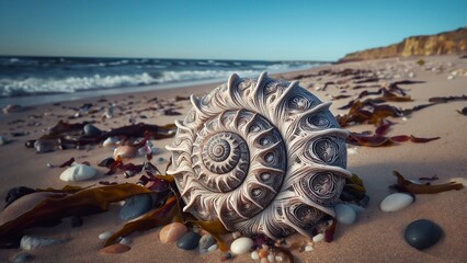 Large snail shell with strange structure on the beach, wide angle view