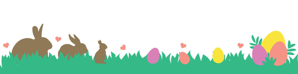 Easter banner with Easter bunnies and Easter eggs hidden in the grass with flowers and butterflies. Isolated on a transparent background with an empty space for a banner, website design, decorations