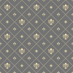 Seamless vector pattern. Modern geometric ornament with royal lilies. Classic gray golden background