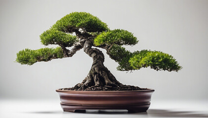 bonsai tree in pot, isolated white background, copy space for text
