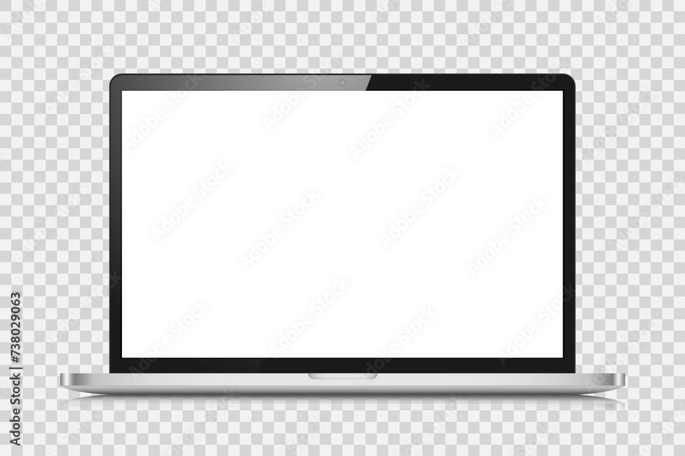 Fototapete A realistic laptop with a dark silver case and a white screen. The layout of a modern laptop with a reflection on a transparent background. Vector illustration.