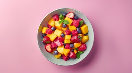 Fruit salad with tropical fruit pitaya in a bowl. Top view. Healthy eating, healthy lifestyle concept - obrazy, fototapety, plakaty