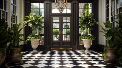 Grand Entryway with Floral Arrangements and Checkered Tiles