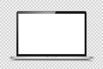 A realistic laptop with a dark silver case and a white screen. The layout of a modern laptop with a reflection on a transparent background. Vector illustration. - obrazy, fototapety, plakaty
