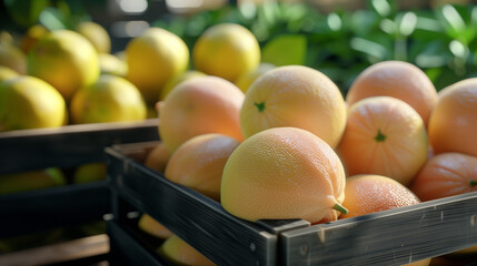 Fresh Organic Grapefruits in a Black Crate on a Sunlit Table