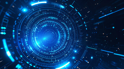 An abstract vector interface design with neon blue lines and geometric shapes arranged in a circular formation