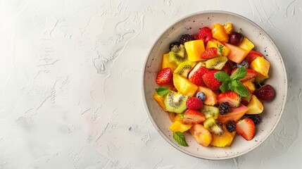 Bowl of fresh exotic fruit salad on white summer background Healthy breakfast Copy space Top view
