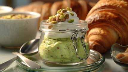 Tasty pistachio cream in jar, spoon and croissant on light table,