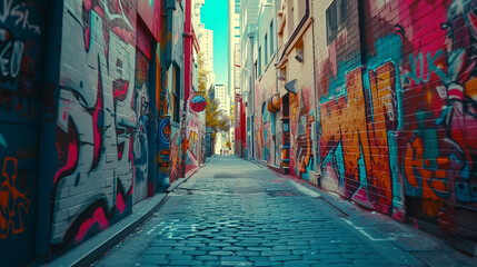 An alleyway adorned with street art - obrazy, fototapety, plakaty