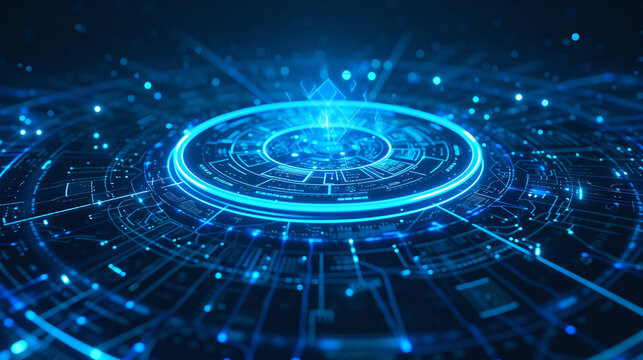 An abstract vector interface design with neon blue lines and geometric shapes arranged in a circular formation