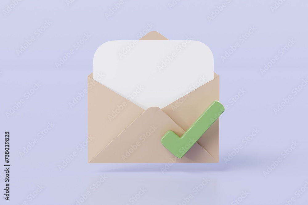 Poster 3d brown letter with checklist in envelope completed icon element. minimal email envelope with check