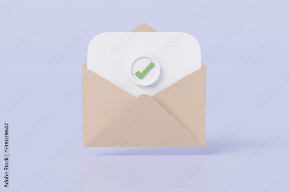 Poster 3d brown letter with checklist in envelope completed icon element. minimal email envelope with check