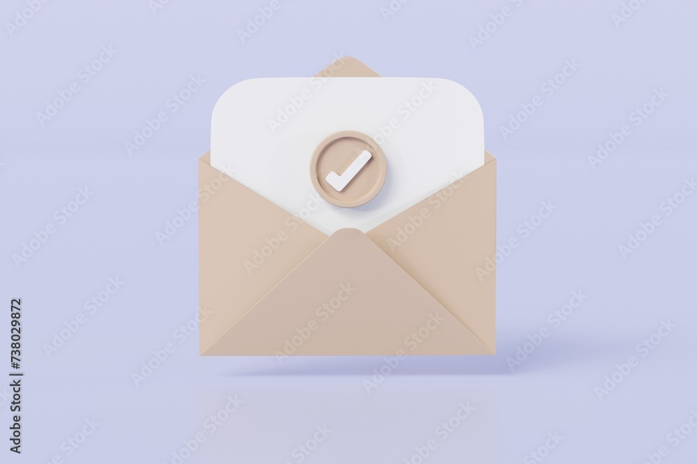 Poster 3d brown letter with checklist in envelope completed icon element. minimal email envelope with check