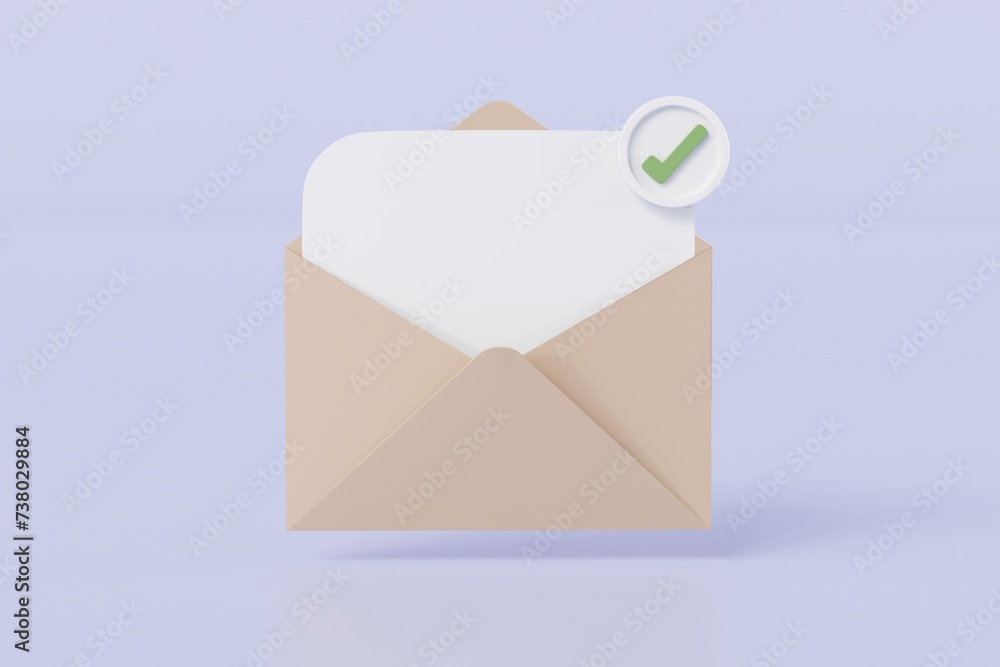 Poster 3d brown letter with checklist in envelope completed icon element. minimal email envelope with check