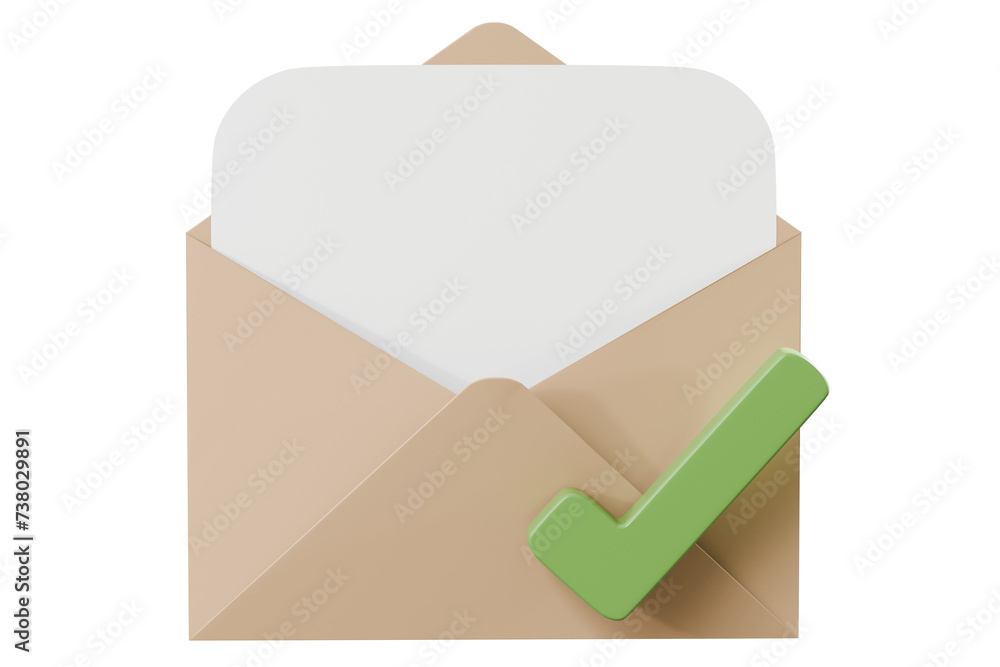 Poster 3d brown letter with checklist in envelope completed icon element. minimal email envelope with check