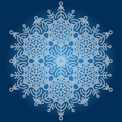 Round vector snowflake. Abstract winter ornament. Pattern with blue white hexagonal snowflake