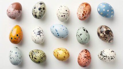 Obraz premium Easter eggs on white background. Top view