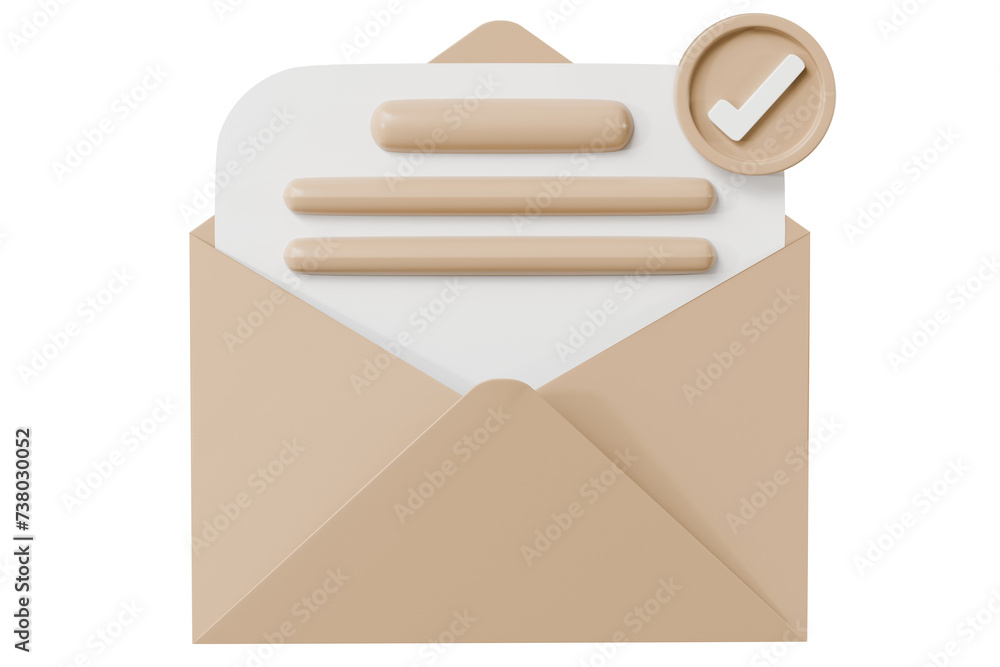 Poster 3d brown letter with checklist in envelope completed icon element. minimal email envelope with check