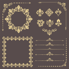 Vintage set of vector horizontal, square and round elements. Elements for backgrounds and frames. Classic patterns. Set of vintage brown golden patterns - 738030480
