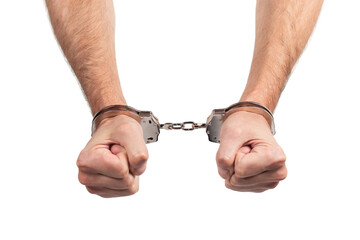 Arrested man handcuffed hands. Prisoner or arrested man, close-up of hands in handcuffs, selective...