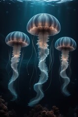 Fantastic jellyfish in the deep dark waters of the ocean, sea