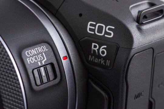 Dnipro, Ukraine 29 nov, 2023:. Canon EOS R6 mark II Camera close up. Canon's new mirrorless camera