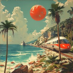 Digital illustrations that capture the essence of vintage travel posters with a futuristic twist - 738031263