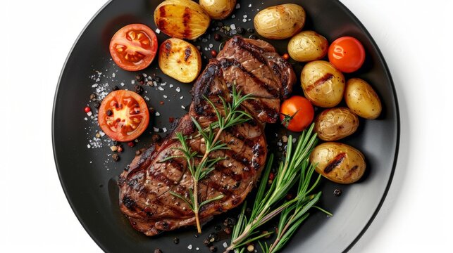 Grilled beef steak with tomatoes, potatoes and rosemary on black plate isolated on white background top view