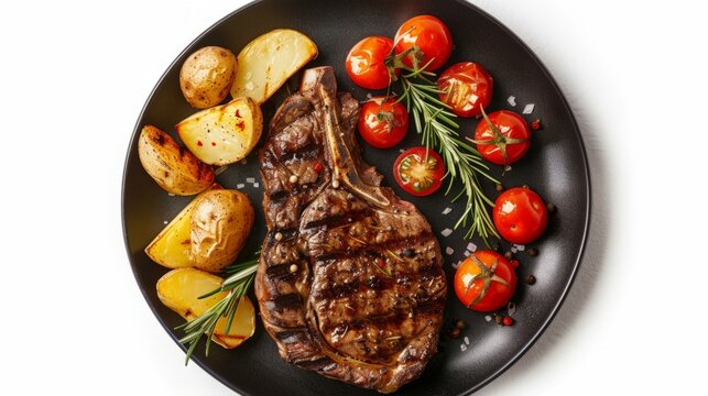 Grilled beef steak with tomatoes, potatoes and rosemary on black plate isolated on white background top view