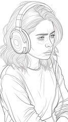 A drawing of a woman with headphones on